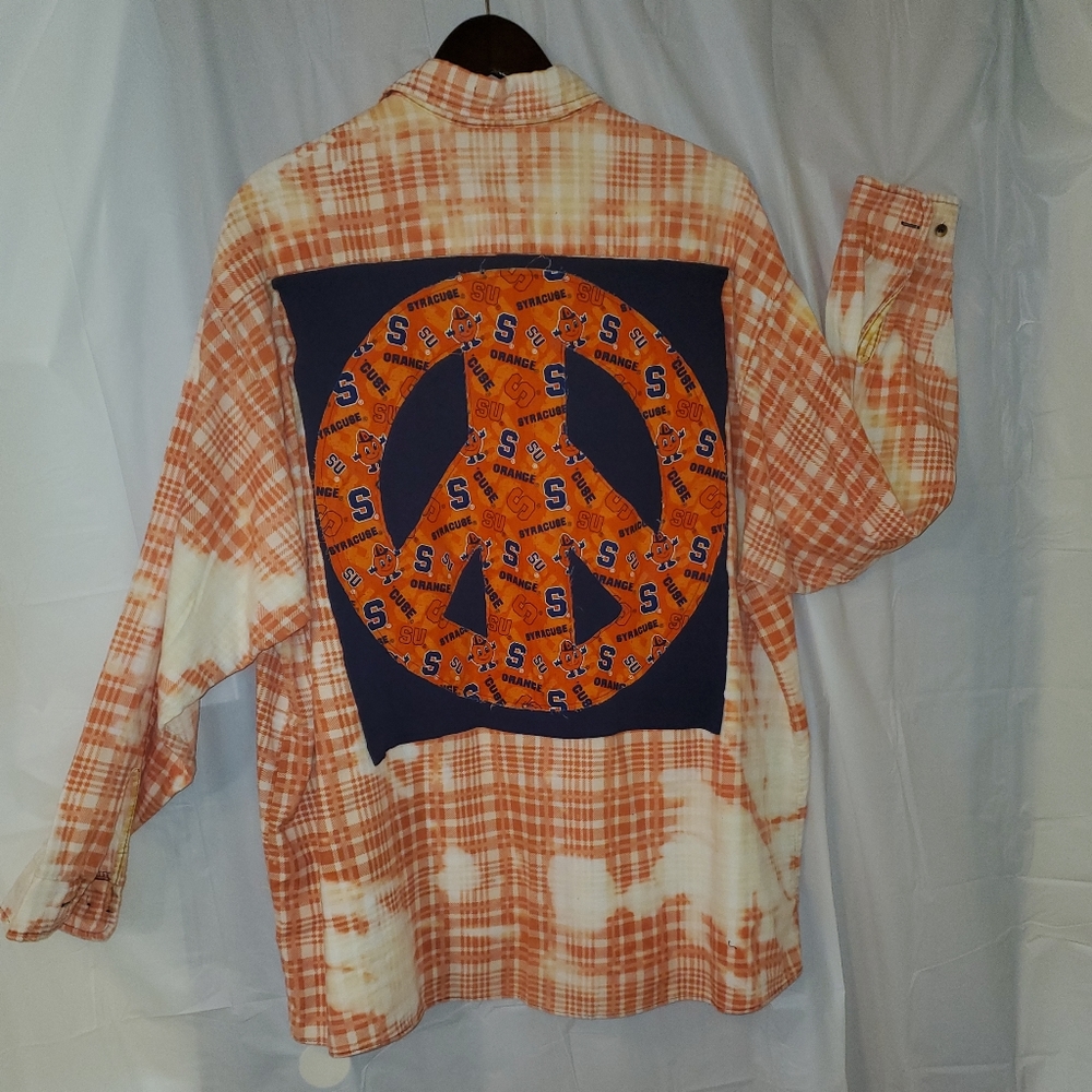 Upcycled Bleached Flannel with Giant Syracuse University Peace Sign on back size